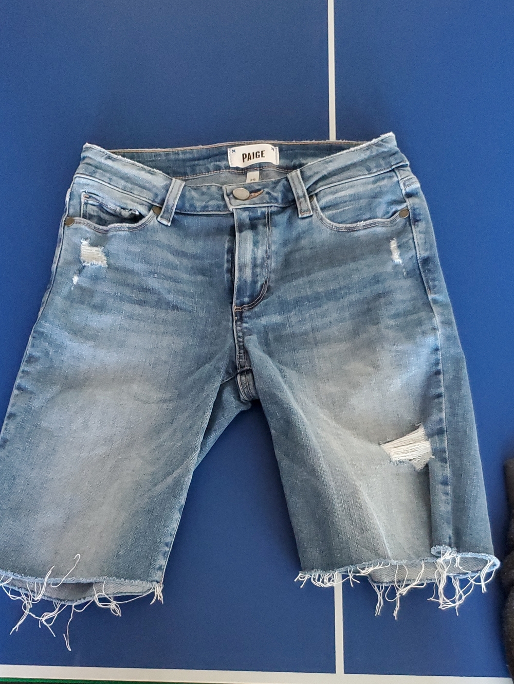 PAIGE Women's Jax Knee Light Blue Distressed Denim Shorts